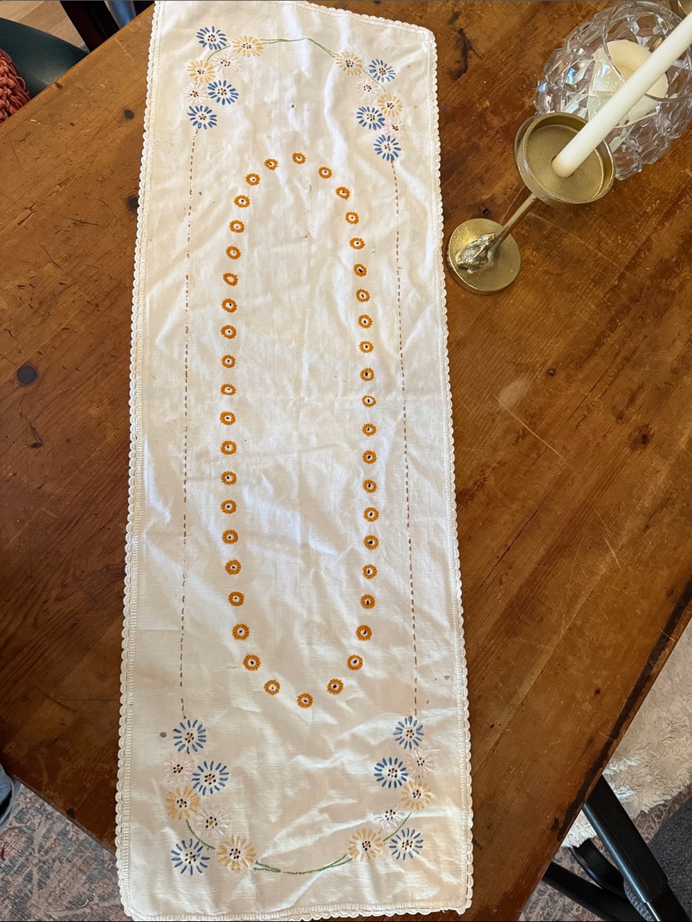Vintage Embroidered Floral Table Runner - White with Yellow & Blue
